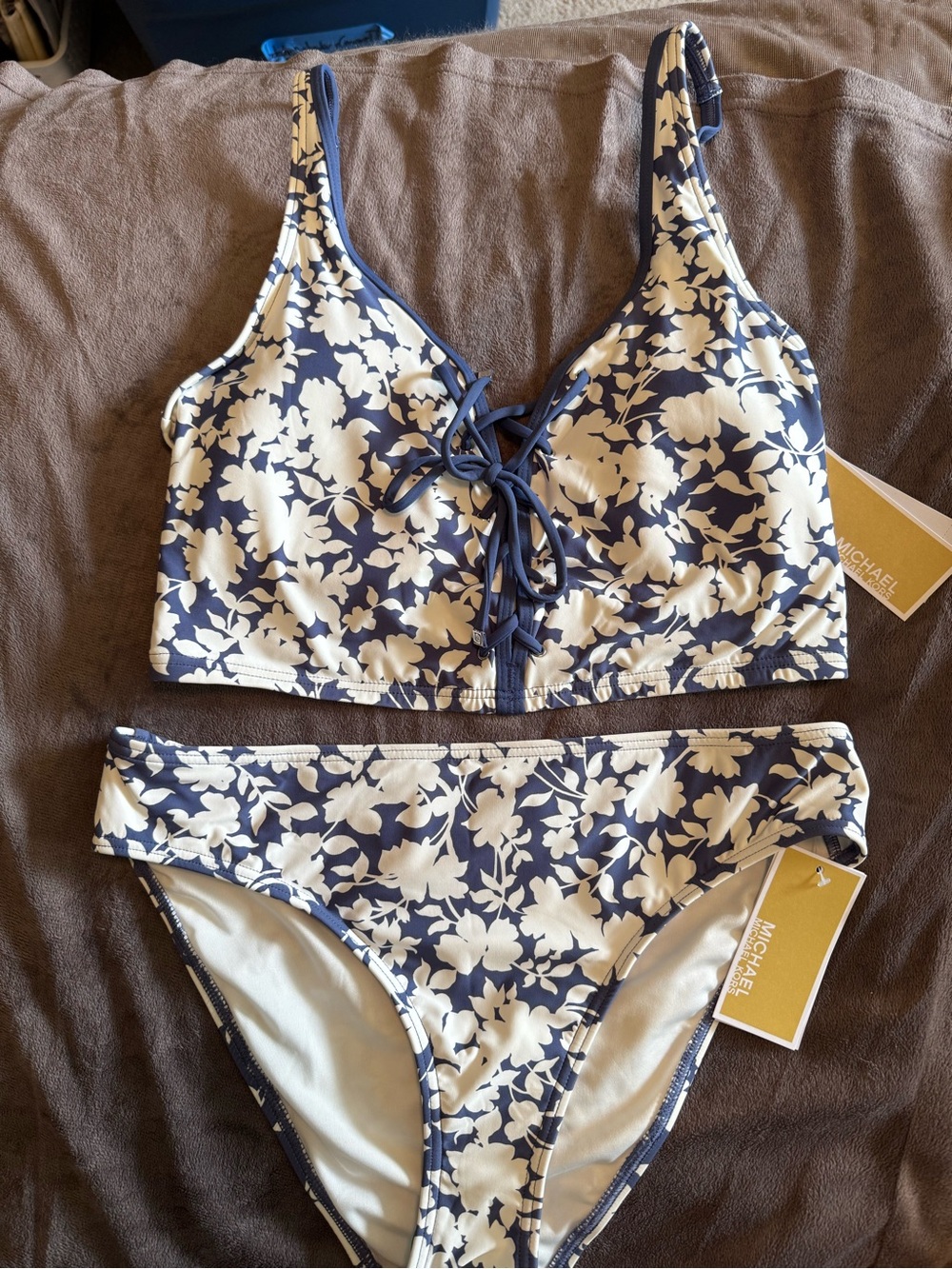 Michael Kors Blue  and White Floral Lace-Up Bikini Top & Bottom. NWT